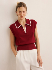 Contrast Trim Sleeveless Knit Polo Vest