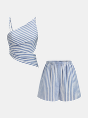 Gestreepte Katoen Set Dames - Cutout Top en Shorts Set Zomer Katoenmix