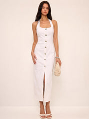 Denim Halter Button Front Maxi Dress