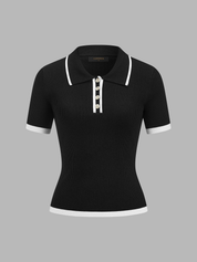 Ribbed Knit Short Sleeve Polo Top