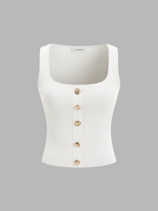 Metal Detail Square-Neck Knit Tank Top