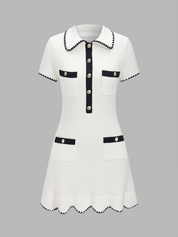 Polo Collar Contrast Trim Ribbed Knit Mini Dress