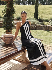 One Shoulder Striped Maxi Dress
