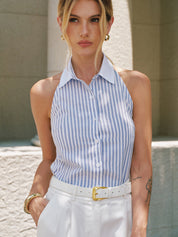 Striped Cotton Collared Halter Blouse