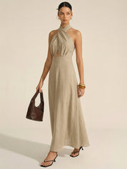 Cotton Linen Halter Neck Cut-Out Maxi Dress