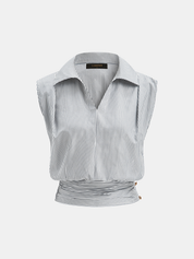 Striped Collared Sleeveless Cinched Blouse