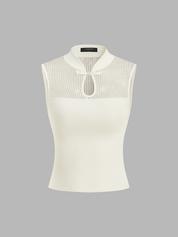 Mandarin Collar Hollow Knit Tank Top