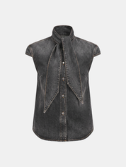 Tie Neck Sleeveless Denim Shirt