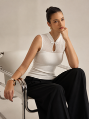 Mandarin Collar Hollow Knit Tank Top