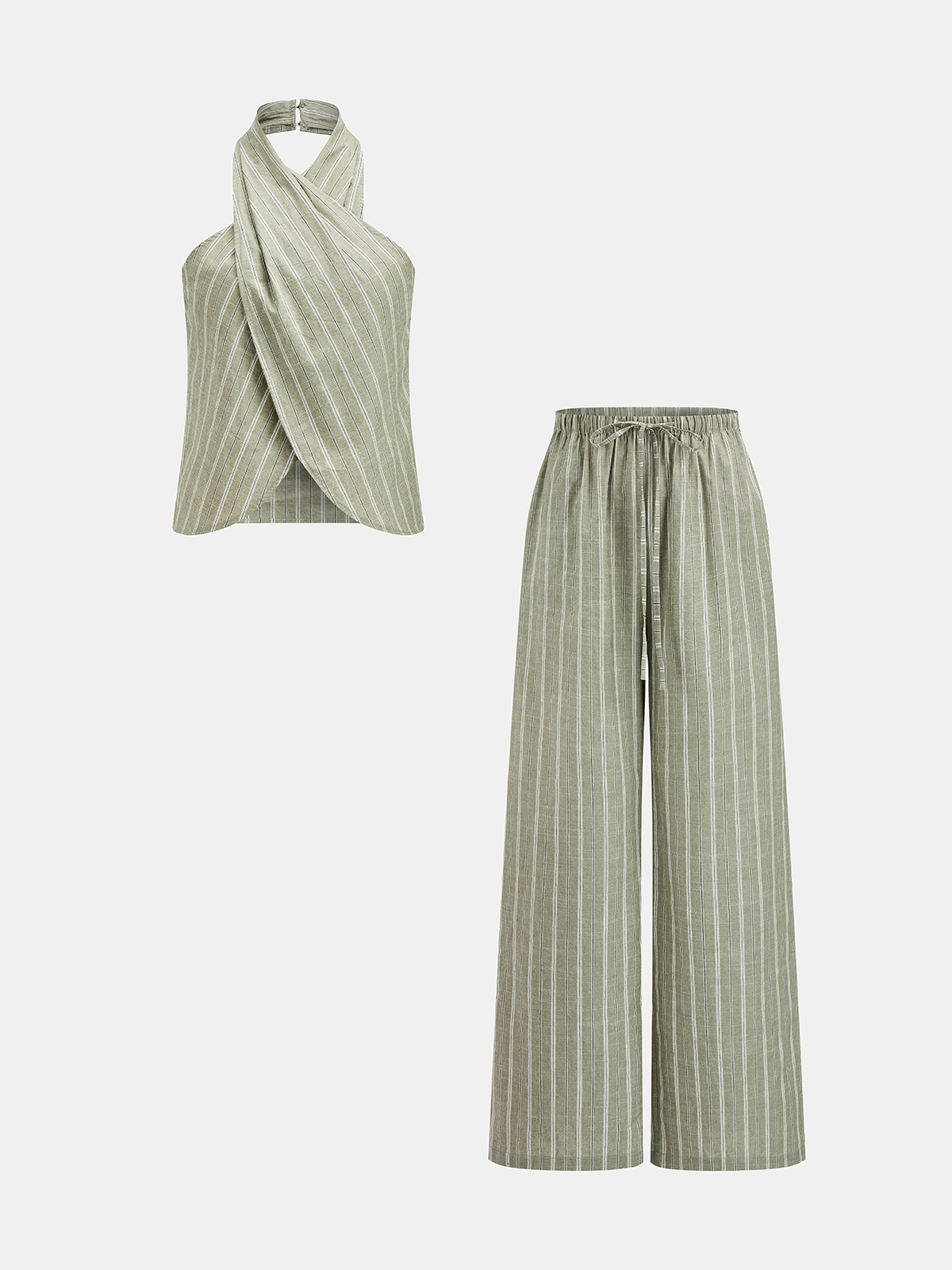 Gestreepte Katoen Linnen Set Dames - Haltertop en Broek Set Elastische Taille