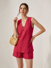 Beaded Linen Blend Top & Shorts Set