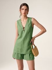Beaded Linen Blend Top & Shorts Set