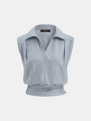 Striped Collared Sleeveless Cinched Blouse