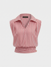 Striped Collared Sleeveless Cinched Blouse