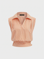 Striped Collared Sleeveless Cinched Blouse