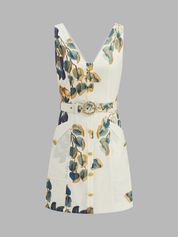 Floral Print Sleeveless Belted Mini Dress
