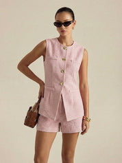 Metal Button Tweed Vest & Shorts Set