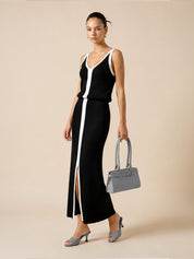 Contrast Trim Slit-Front Ribbed Knit Maxi Dress
