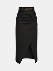 Belted Linen Blend Ruched Wrap Midi Skirt