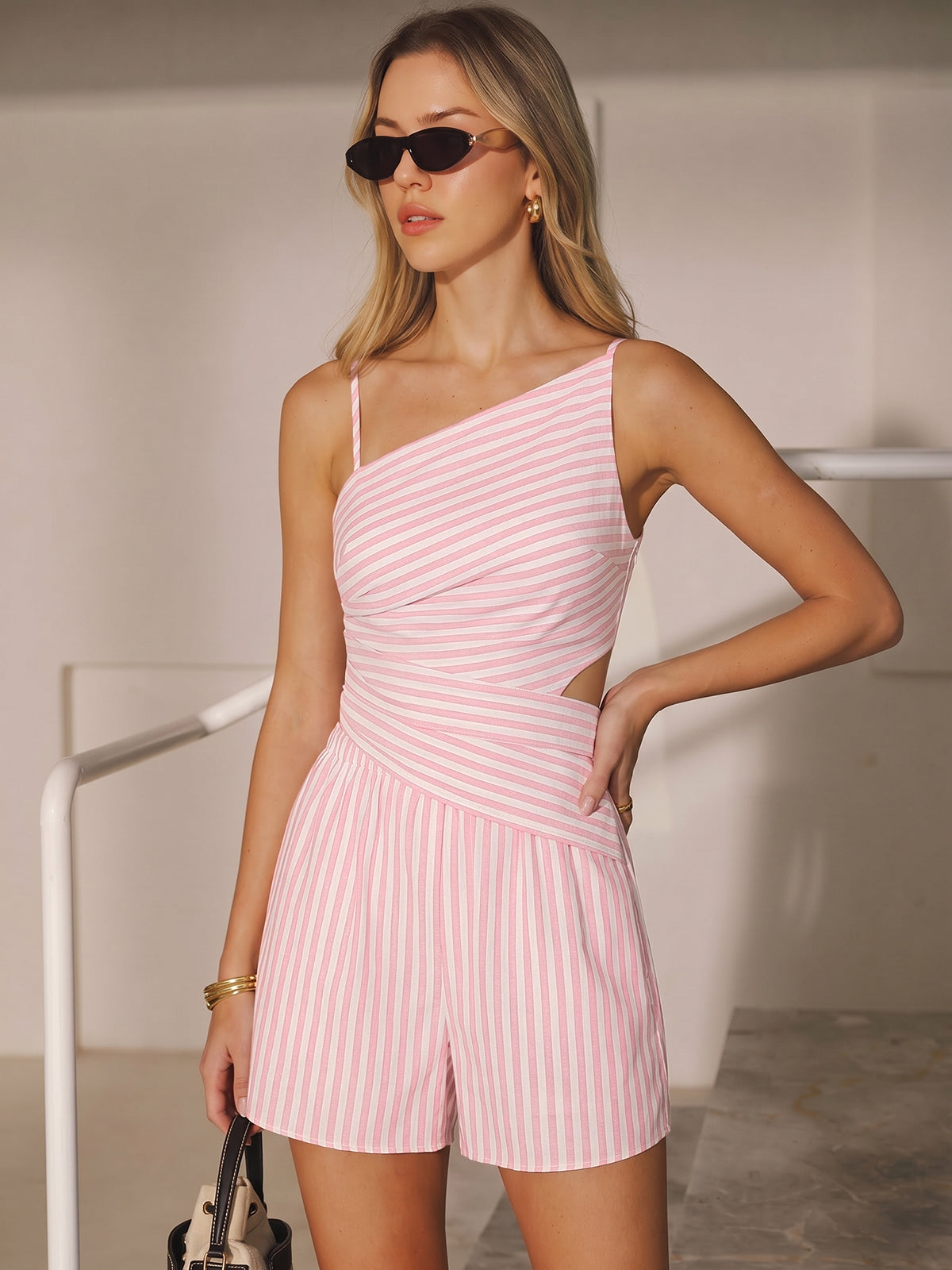 Gestreepte Katoen Set Dames - Cutout Top en Shorts Set Zomer Katoenmix