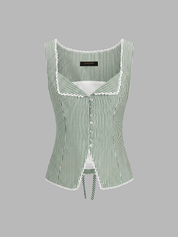 Striped Lace Trim Button-Front Tank Top