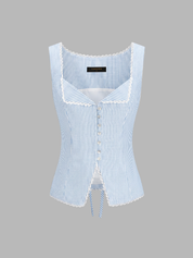 Striped Lace Trim Button-Front Tank Top
