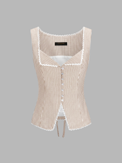 Striped Lace Trim Button-Front Tank Top