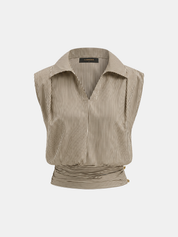 Striped Collared Sleeveless Cinched Blouse