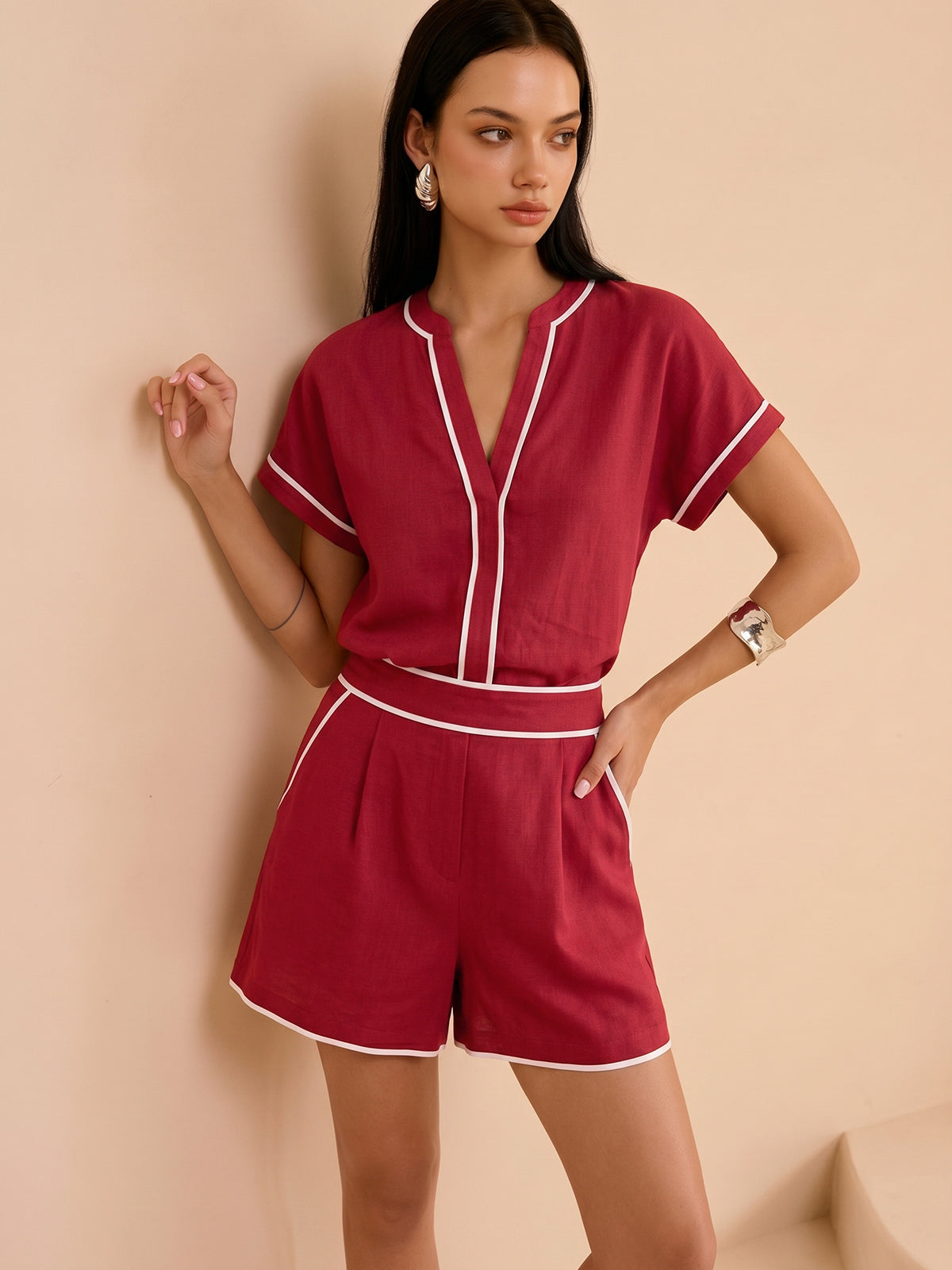 Cotton Linen Contrast Trim Top & Shorts Set