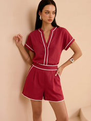 Cotton Linen Contrast Trim Top & Shorts Set
