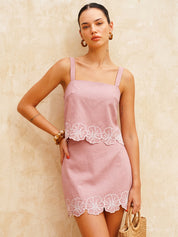 Cotton Floral Embroidered Top & Mini Skirt Set
