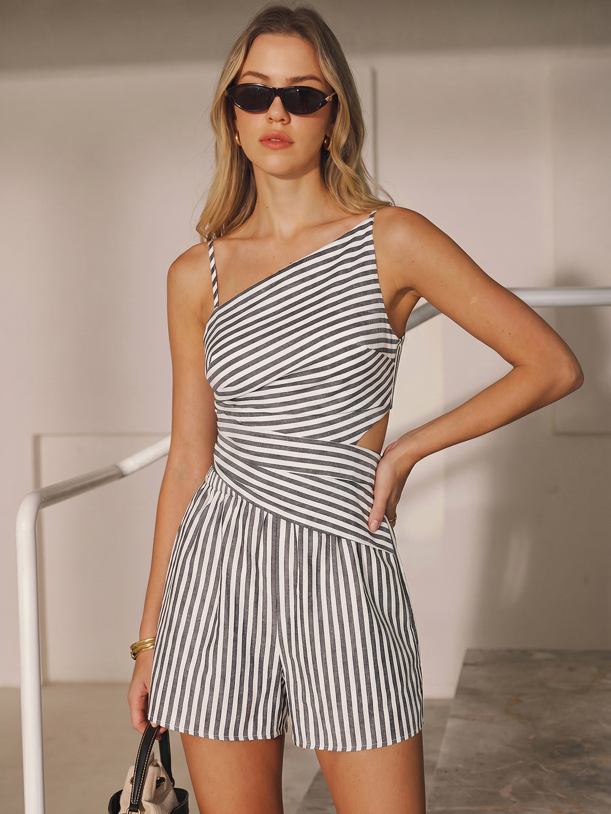 Gestreepte Katoen Set Dames - Cutout Top en Shorts Set Zomer Katoenmix