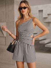 Gestreepte Katoen Set Dames - Cutout Top en Shorts Set Zomer Katoenmix