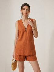 Beaded Linen Blend Top & Shorts Set