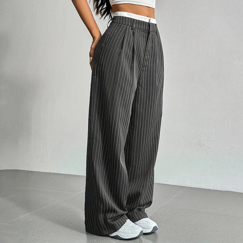 Broek dames | Wijde linnen look broek met strepen