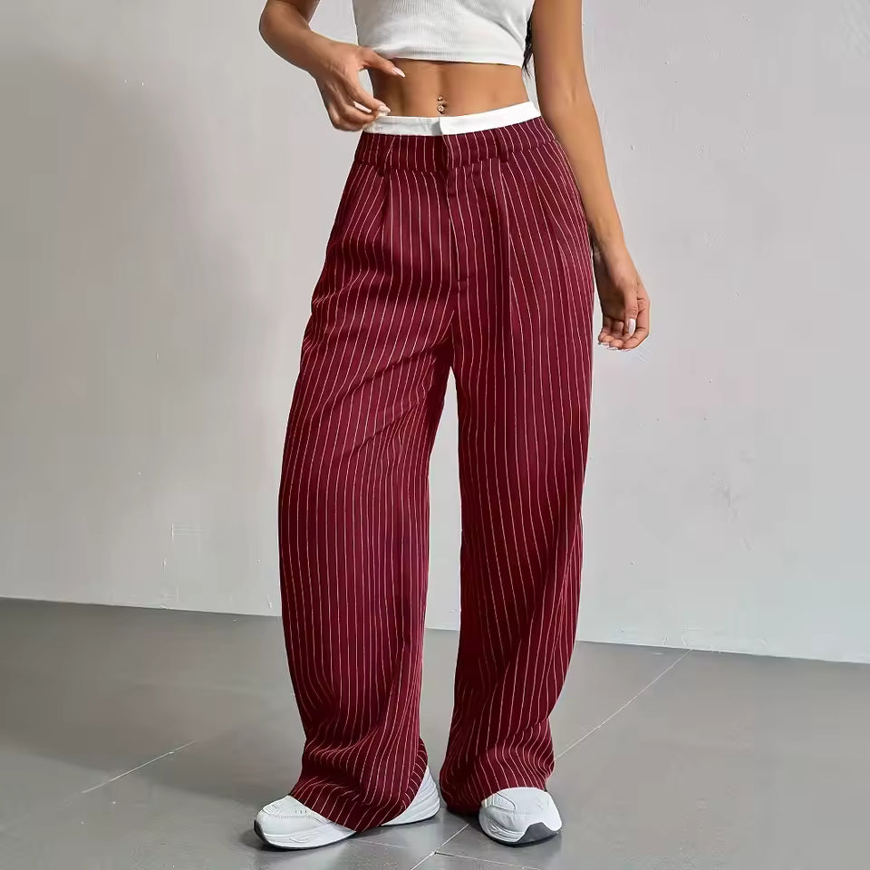 Broek dames | Wijde linnen look broek met strepen