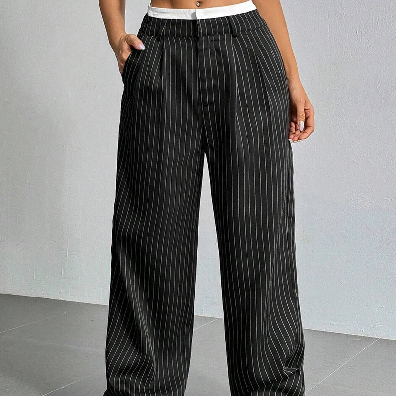 Broek dames | Wijde linnen look broek met strepen