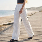 Broek dames | Wijde linnen look broek met strepen