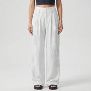 Broek dames | Wijde linnen look broek met strepen