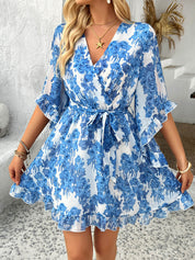 Molly | Bloemenprint Wikkel Mini Jurk - blauw