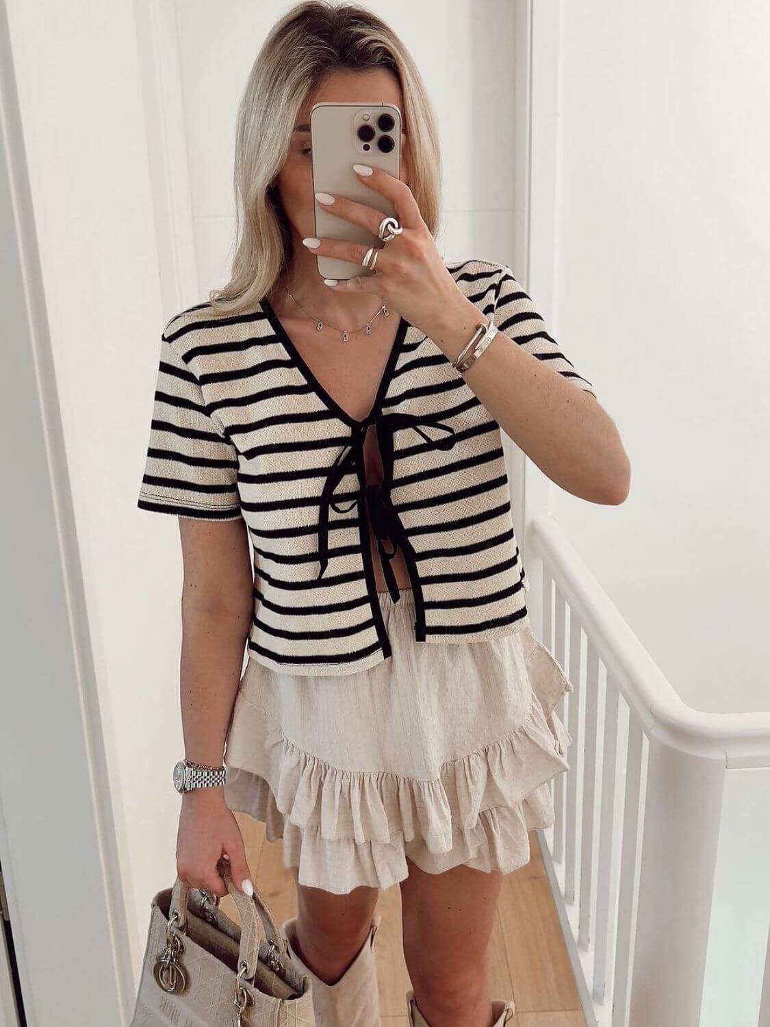 Almina Front Tie Stripe Top
