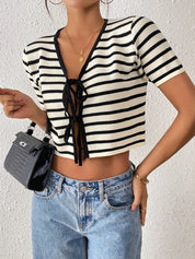 Almina Front Tie Stripe Top