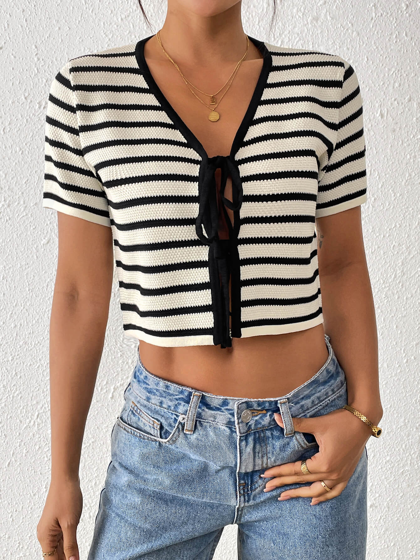 Almina Front Tie Stripe Top