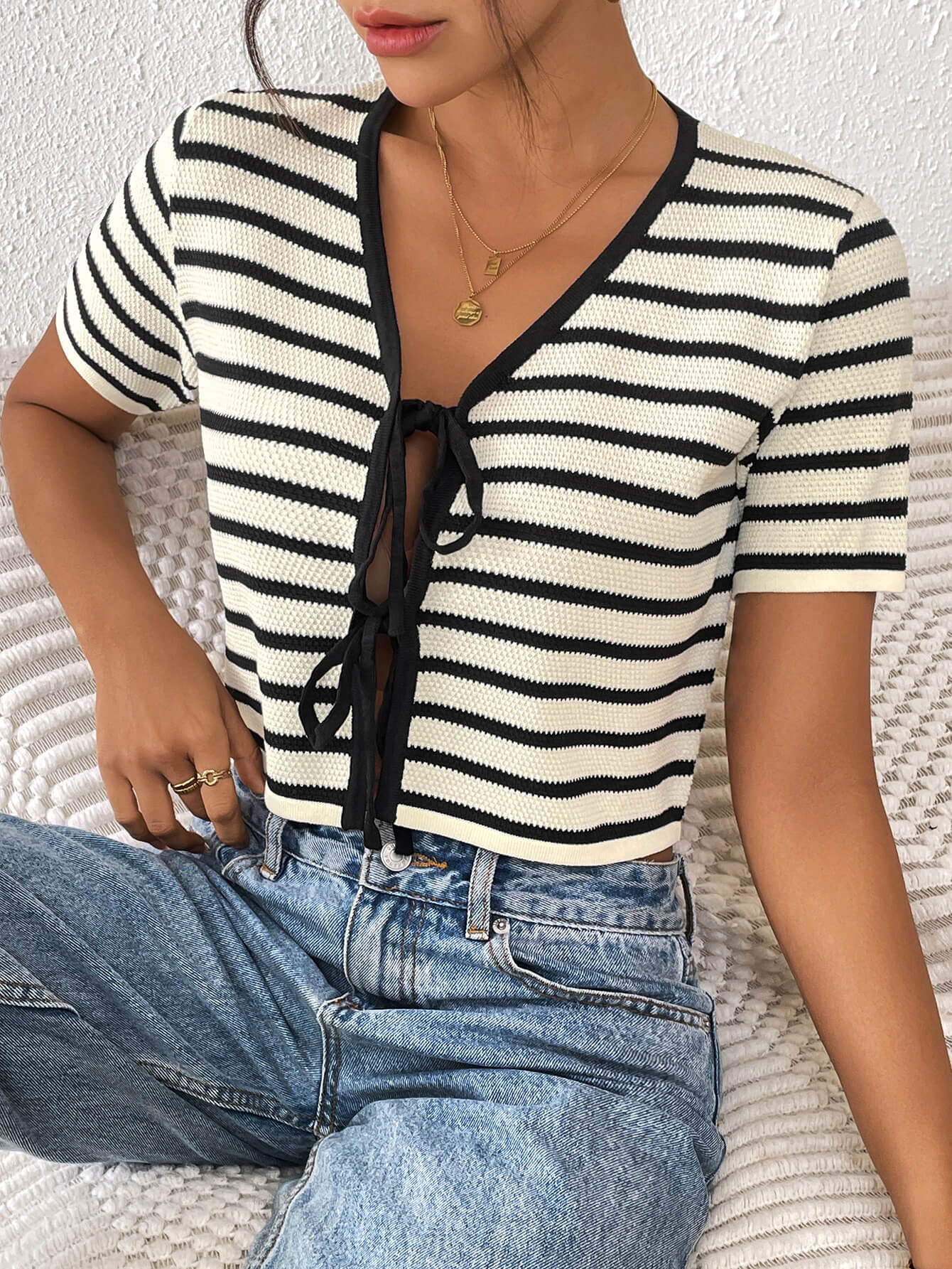 Almina Front Tie Stripe Top