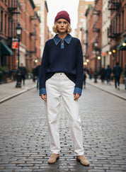 Stijvolle 2 in 1 Dames Sweater met Denim Kraag