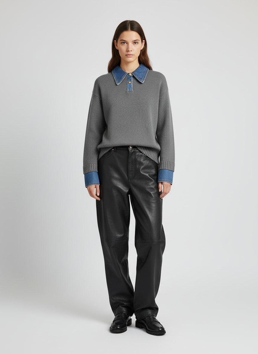 Stijvolle 2 in 1 Dames Sweater met Denim Kraag