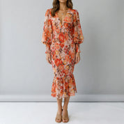 Midi jurk dames | Smock jurk met bloemenprint en lange mouw