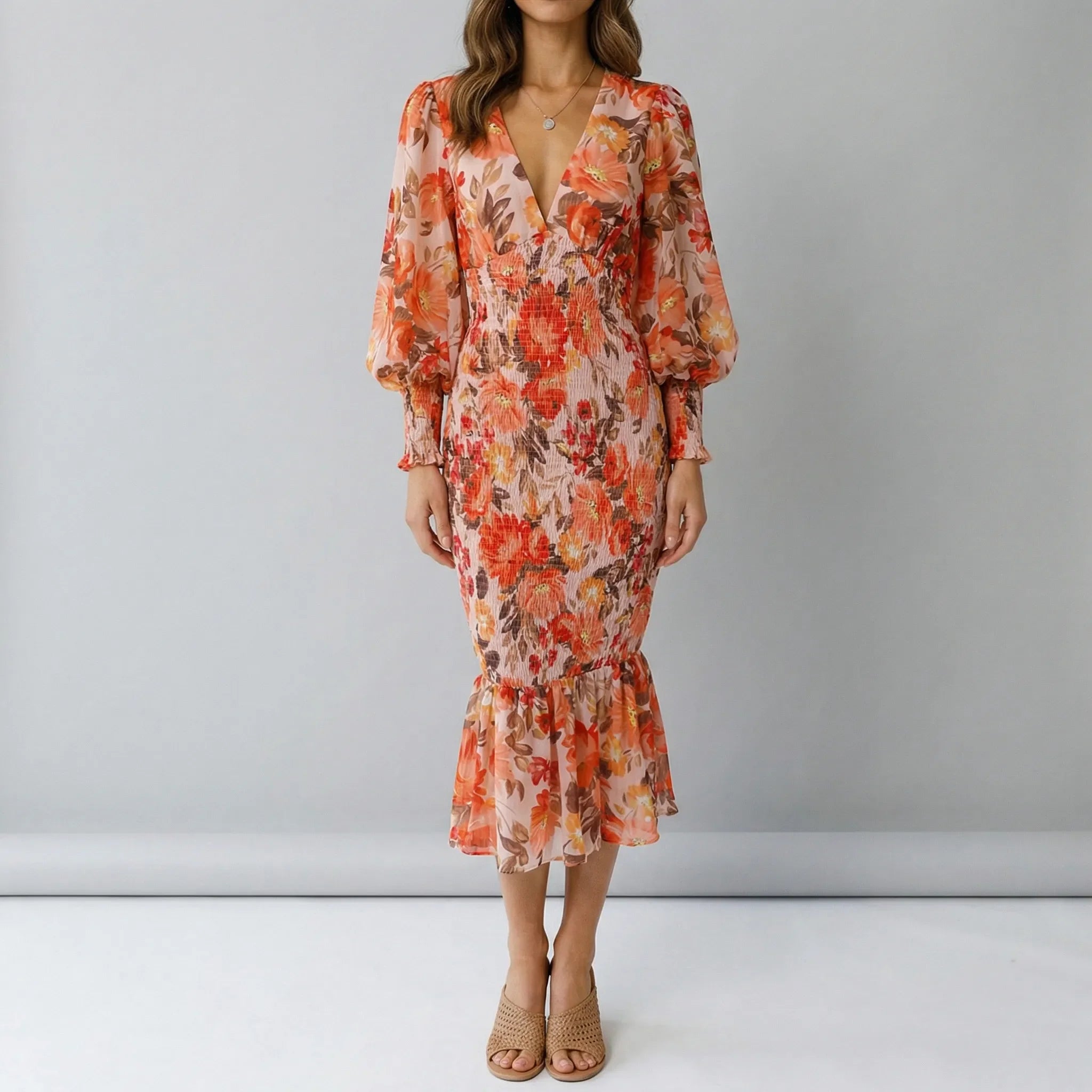 Midi jurk dames | Smock jurk met bloemenprint en lange mouw