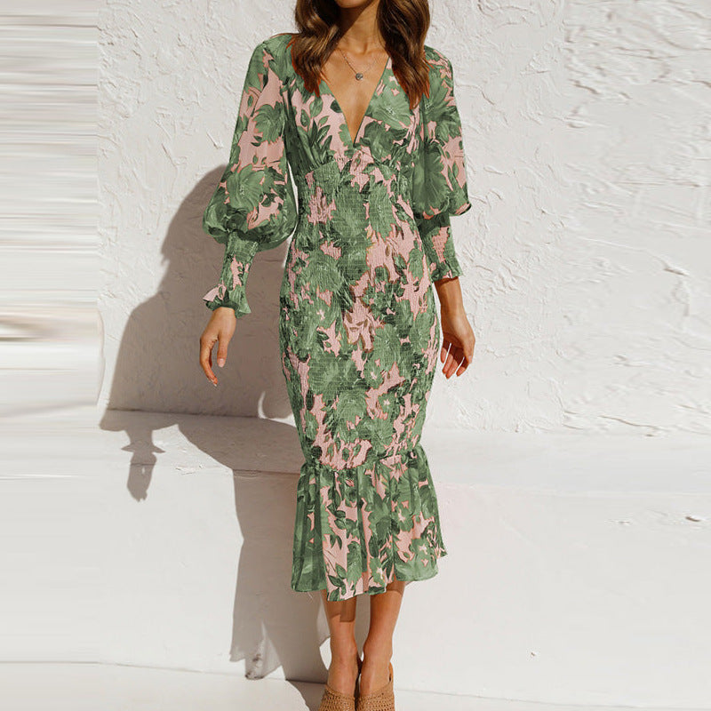 Midi jurk dames | Smock jurk met bloemenprint en lange mouw