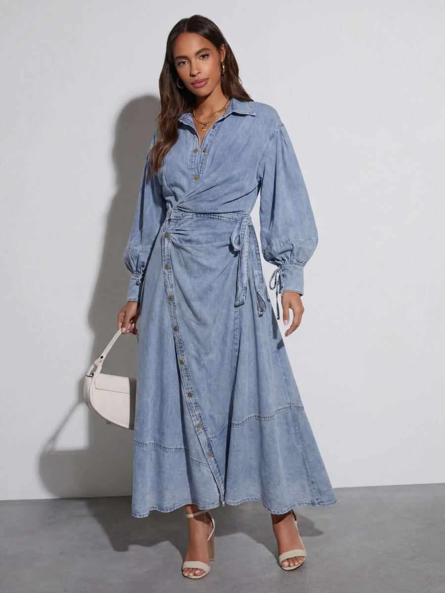 Luzie | Denim Maxi Jurk met Taillestrik - blauw